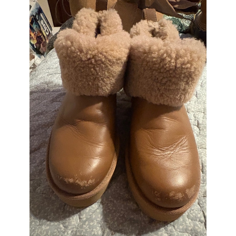 UGG Classic Mini Regenerate Boot Women 5 Brown Good Leather Platform Boho Cozy